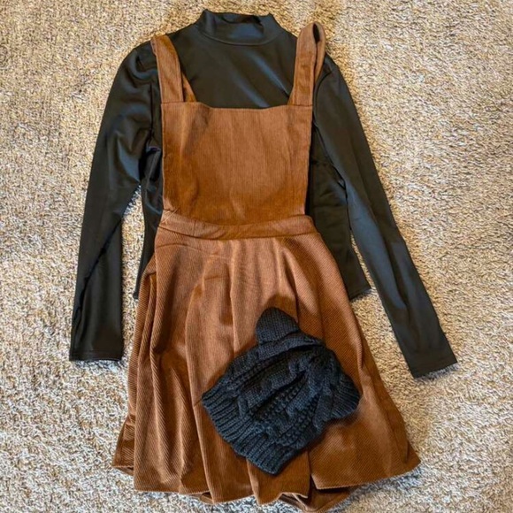 Corduroy pinafore dress fall boho criss cross back (for layering) brown - Picture 8 of 9